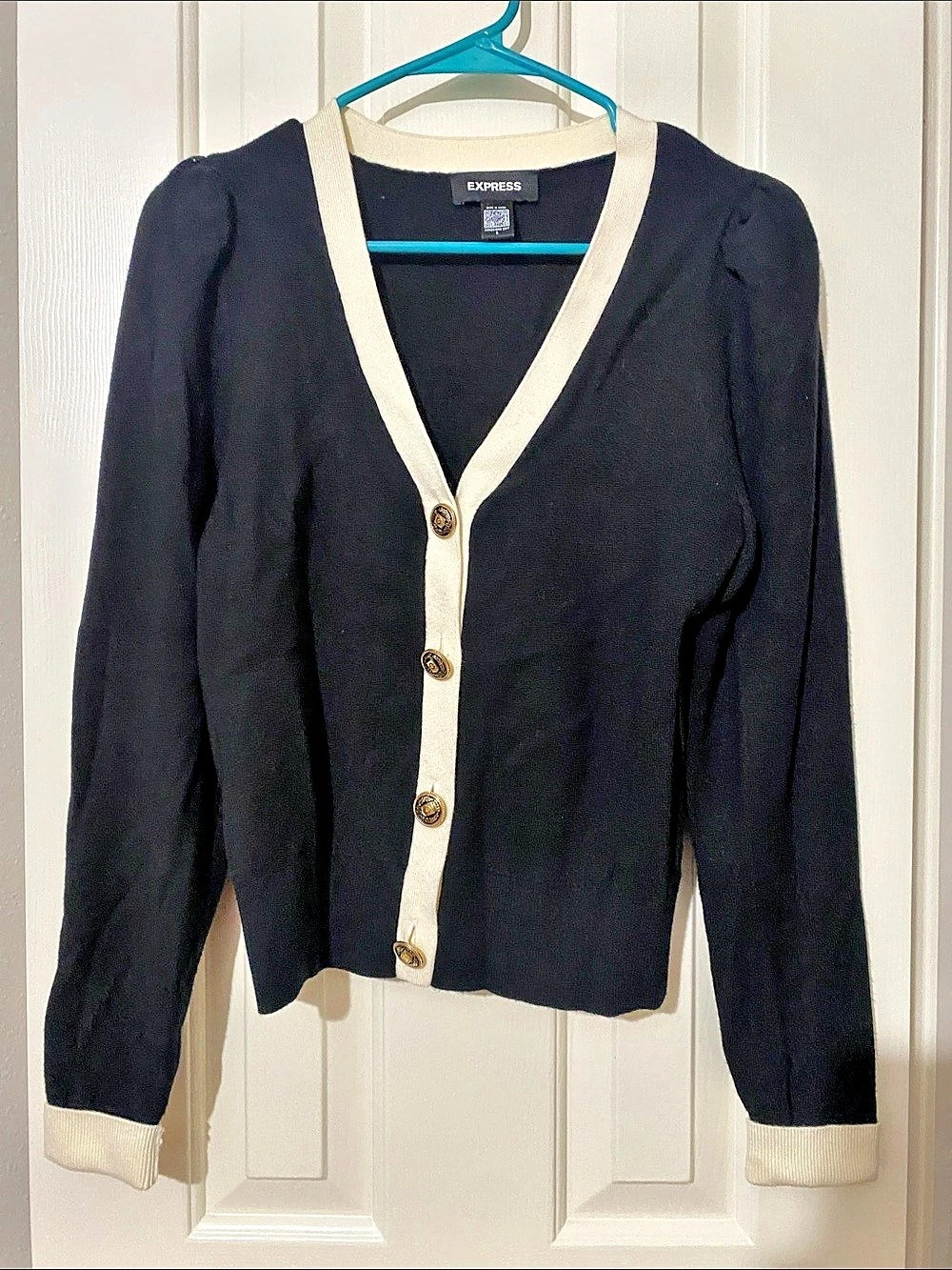 Express Contrast Trim Cardigan Black & Cream Small Like New